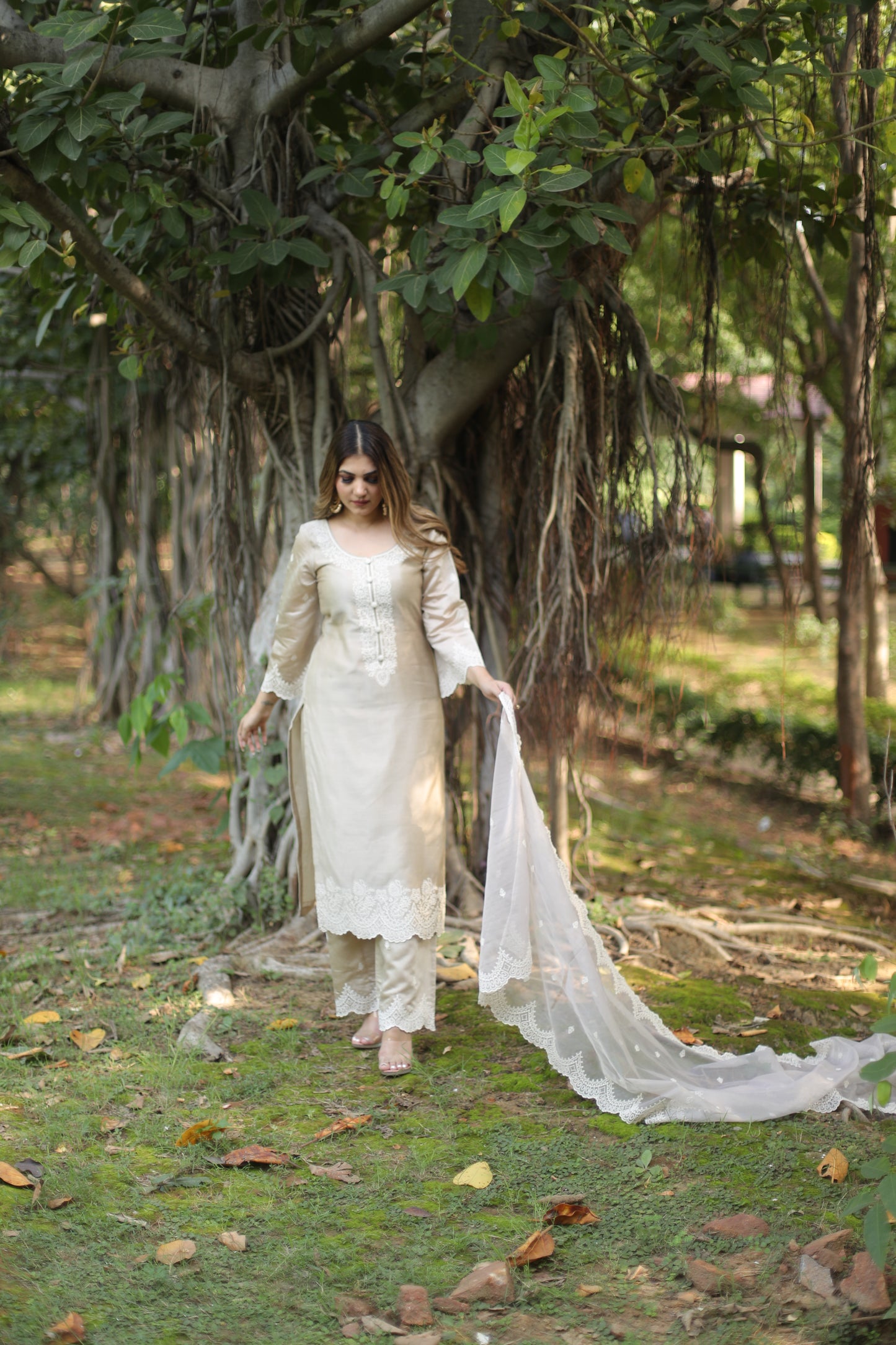 Priyanka Kamboj in Hazel Beige Chanderi Suit Set
