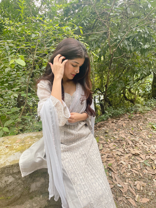 Aksha Pathak in Silver Grey Chanderi Suit Set