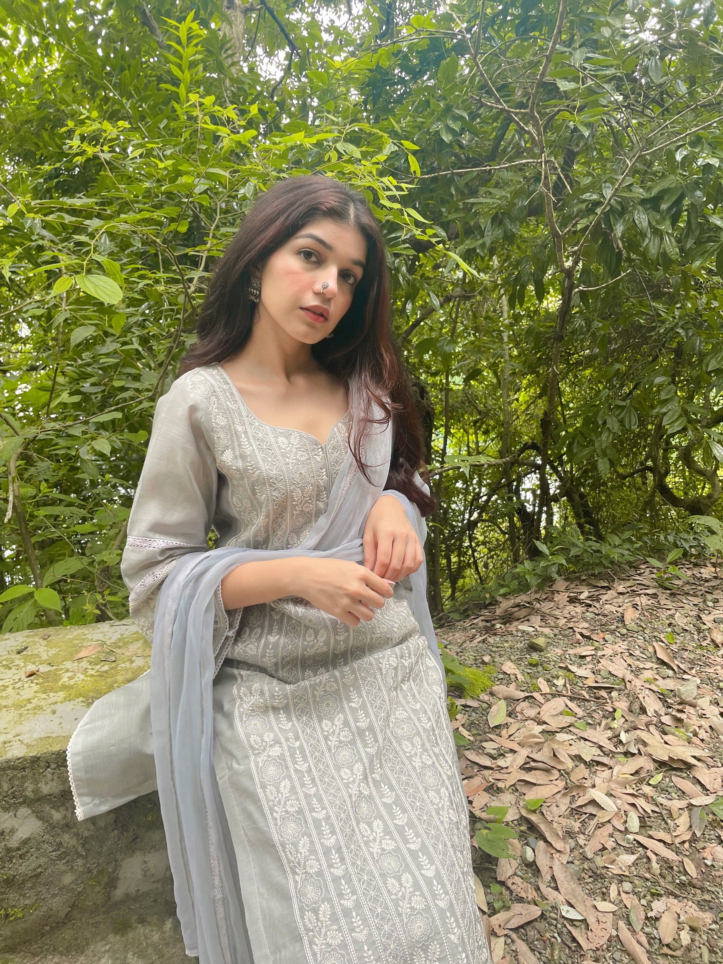 Aksha Pathak in Silver Grey Chanderi Suit Set
