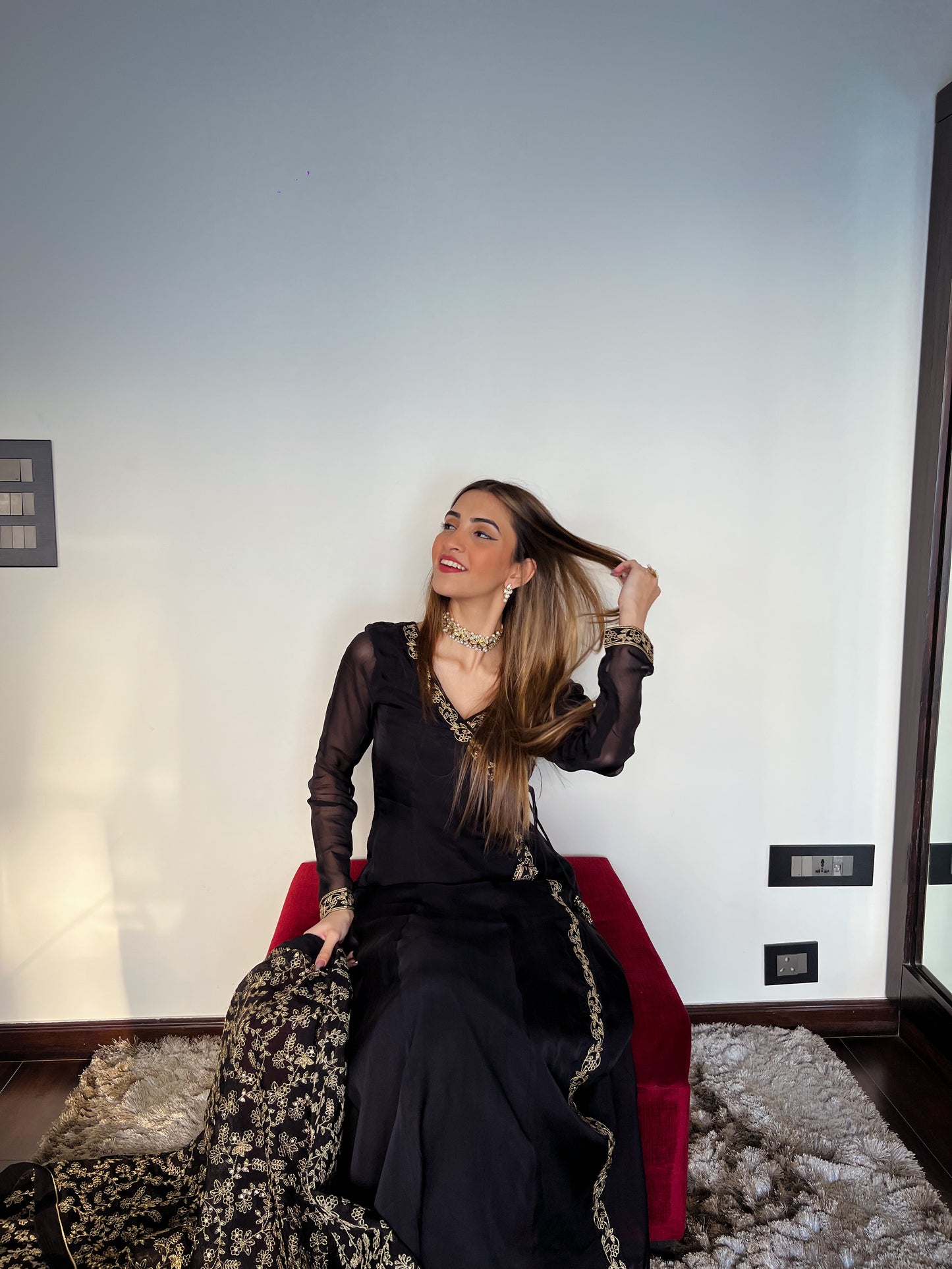 Shreya Lakhani in Sunehri Black Angrakha Anarkali Set