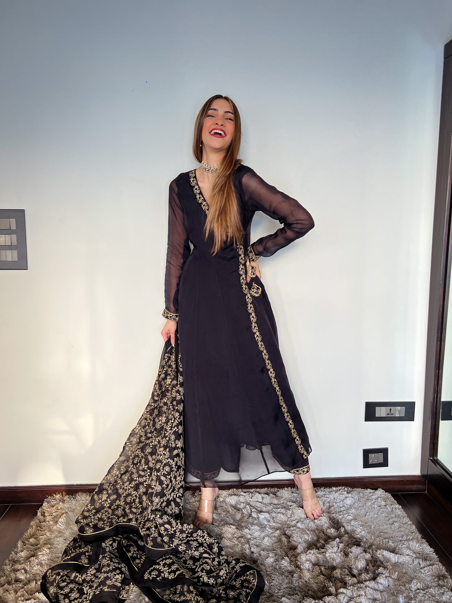 Shreya Lakhani in Sunehri Black Angrakha Anarkali Set