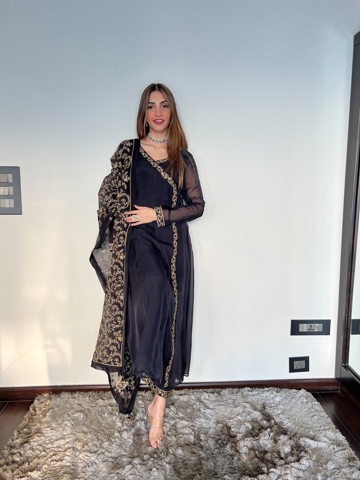 Shreya Lakhani in Sunehri Black Angrakha Anarkali Set