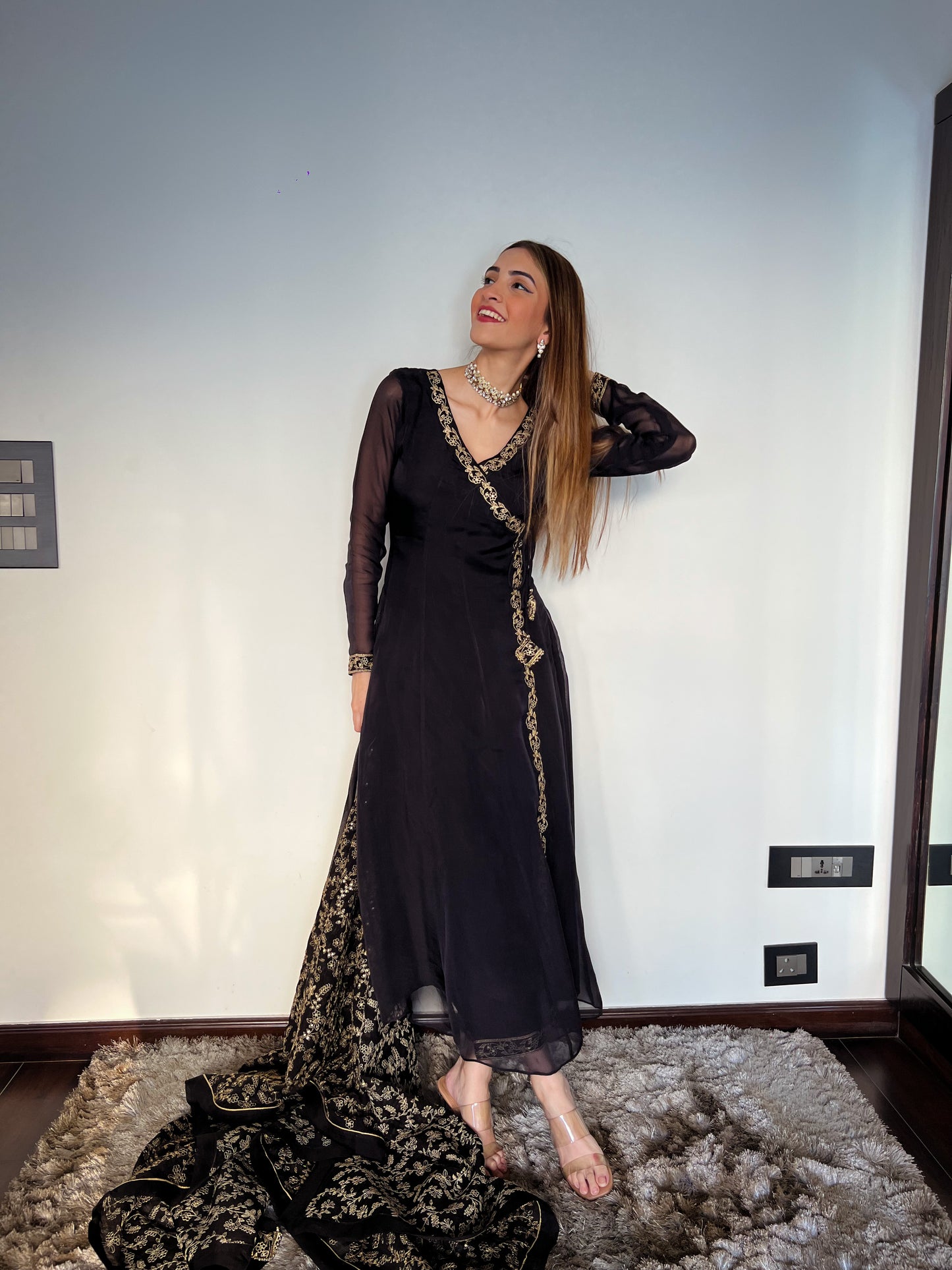 Shreya Lakhani in Sunehri Black Angrakha Anarkali Set
