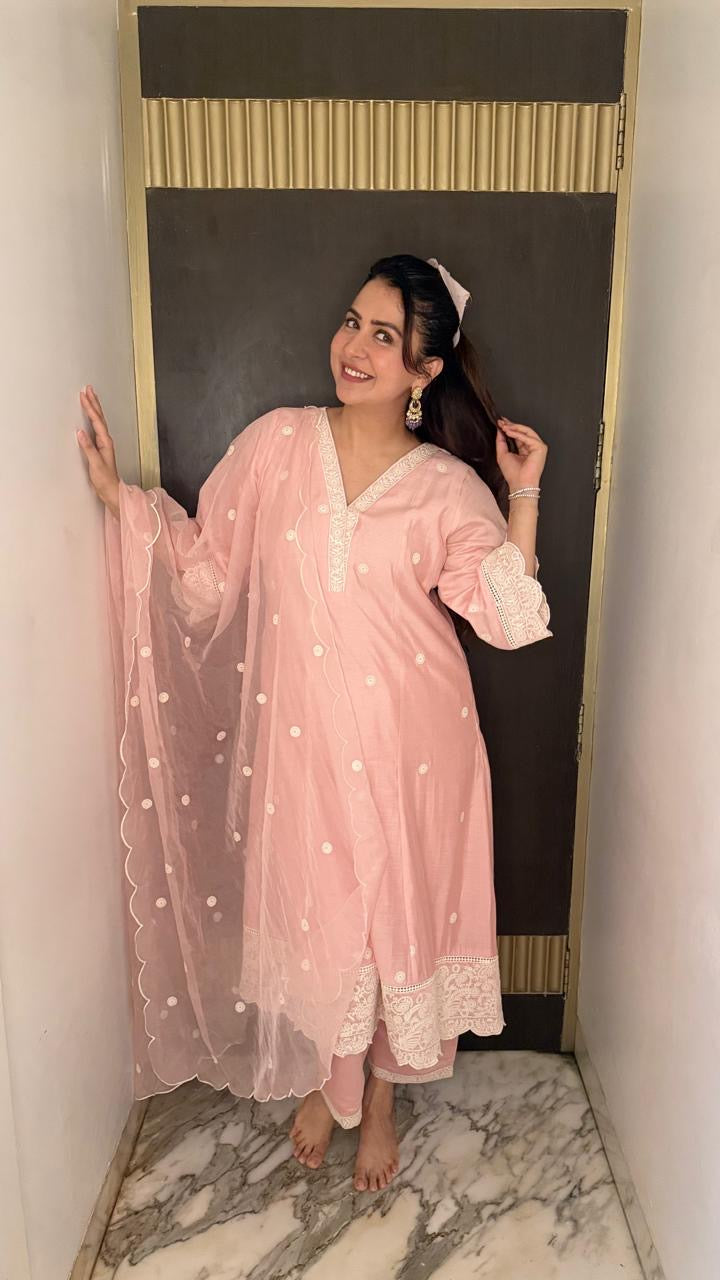 Malvika Raj Bagga in AAROHI - Blush Pink Chanderi A-line Suit Set