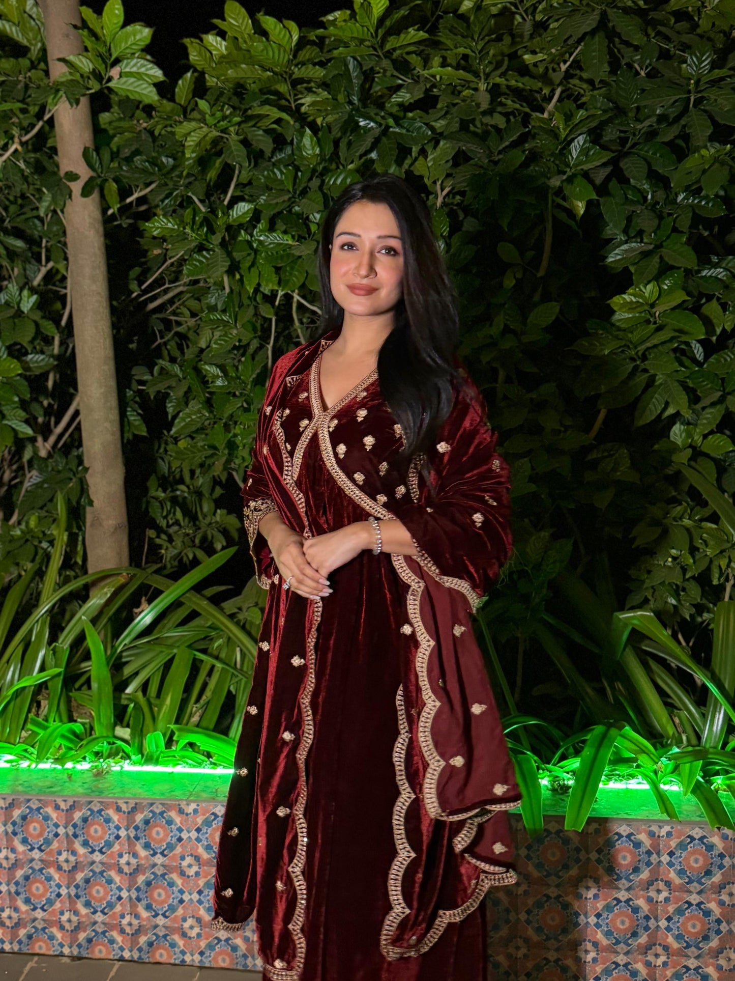 Shefali Bagga in ANTARA - Velvet Maroon Anarkali Set