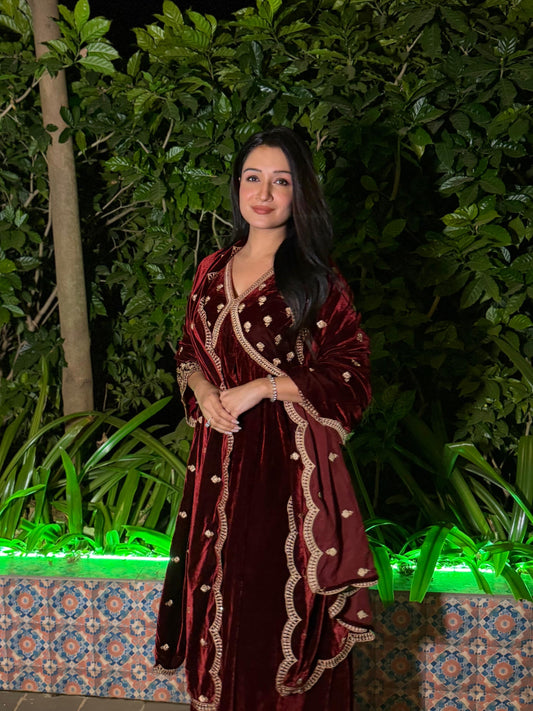 Shefali Bagga in ANTARA - Velvet Maroon Anarkali Set