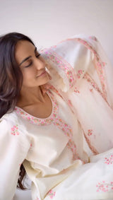 Surbhi Jyoti in Gul-Khera - Ivory White Chanderi Embroidered Suit Set.