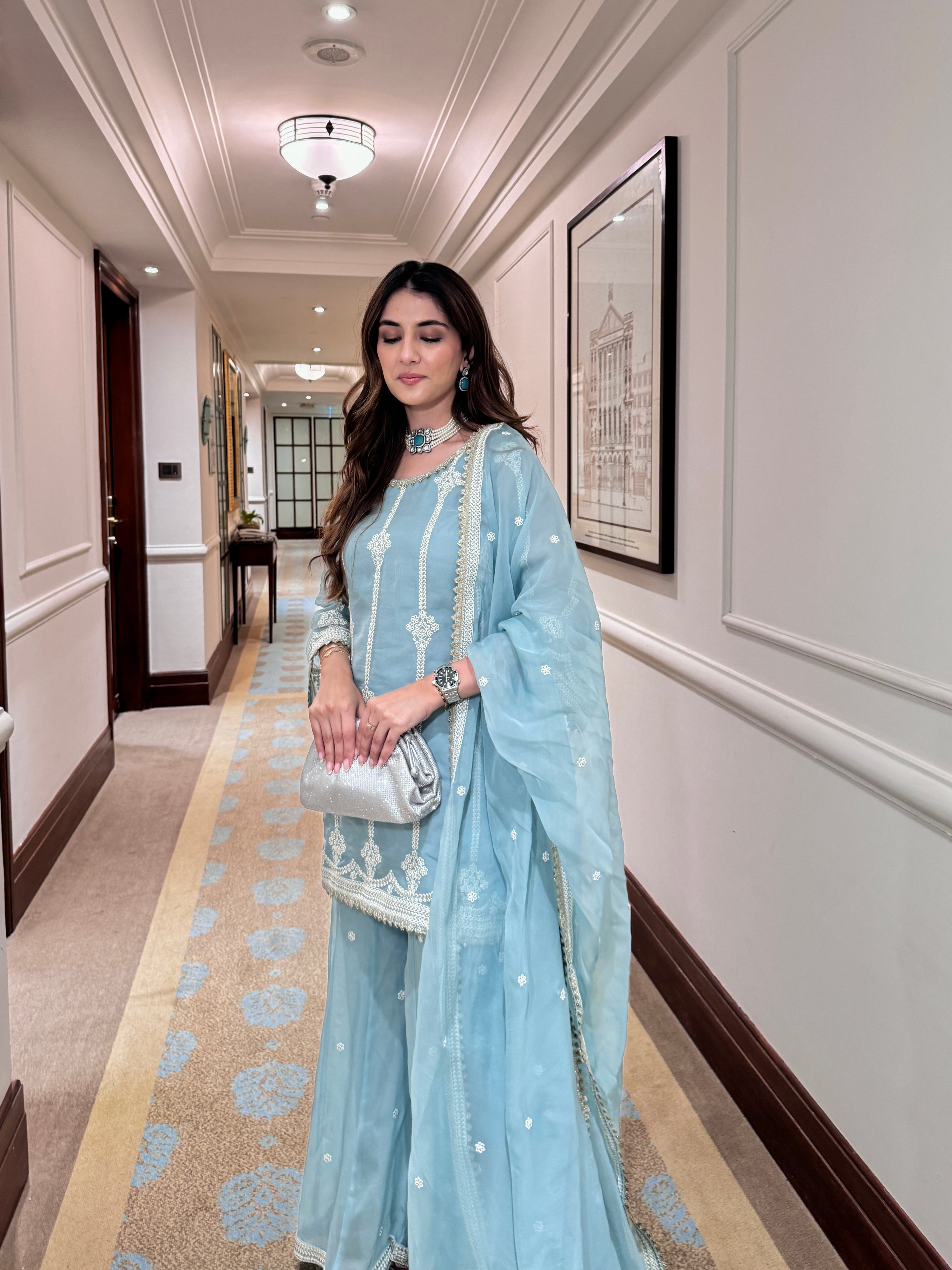 Meher Taluja in Chandani - Blue Organza Sharara Set.