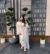 Pallavi Goel in Asoniya - Ivory White Chanderi Embroidered Suit Set.