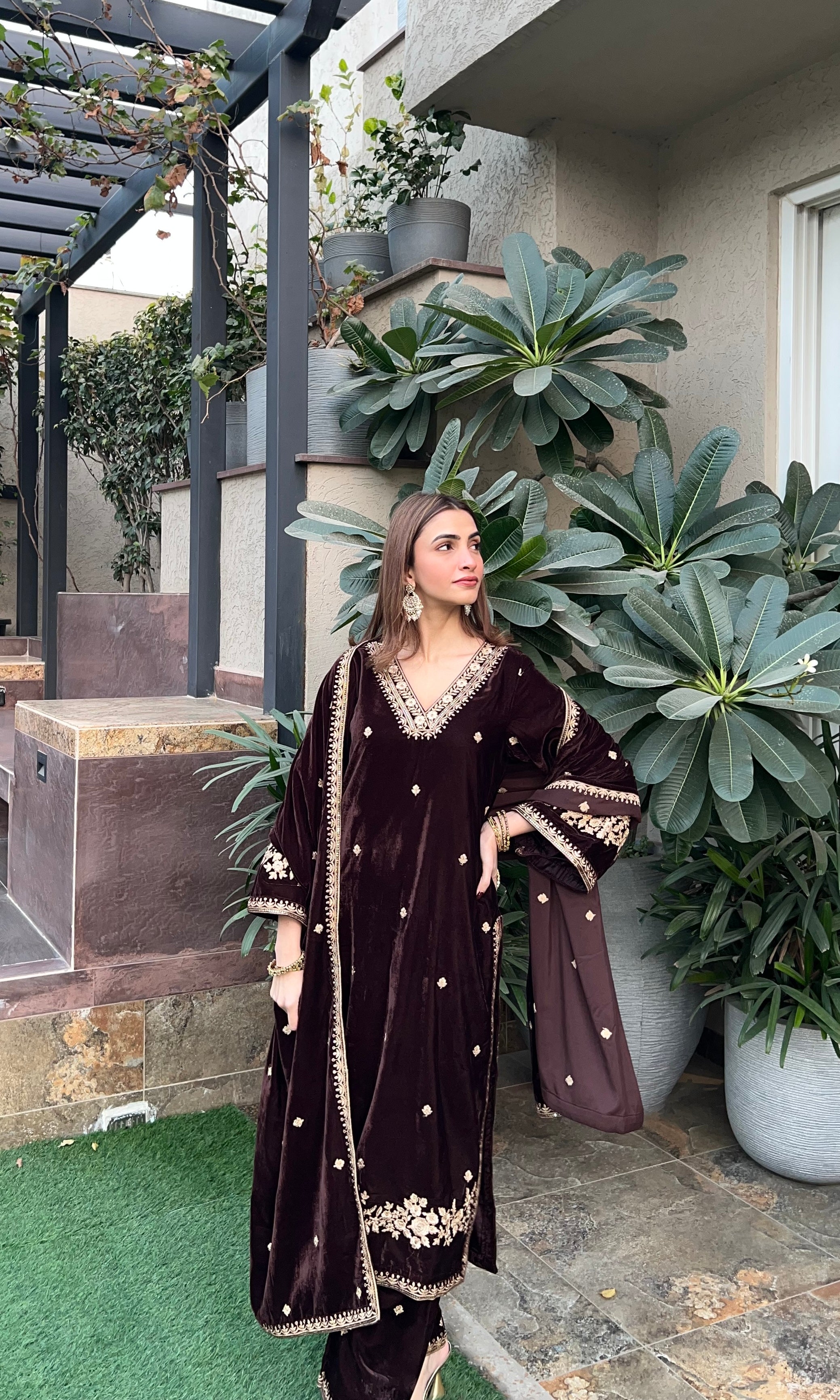 Shreya Lakhani in SWARA - Velvet Brown Straight Suit Set.