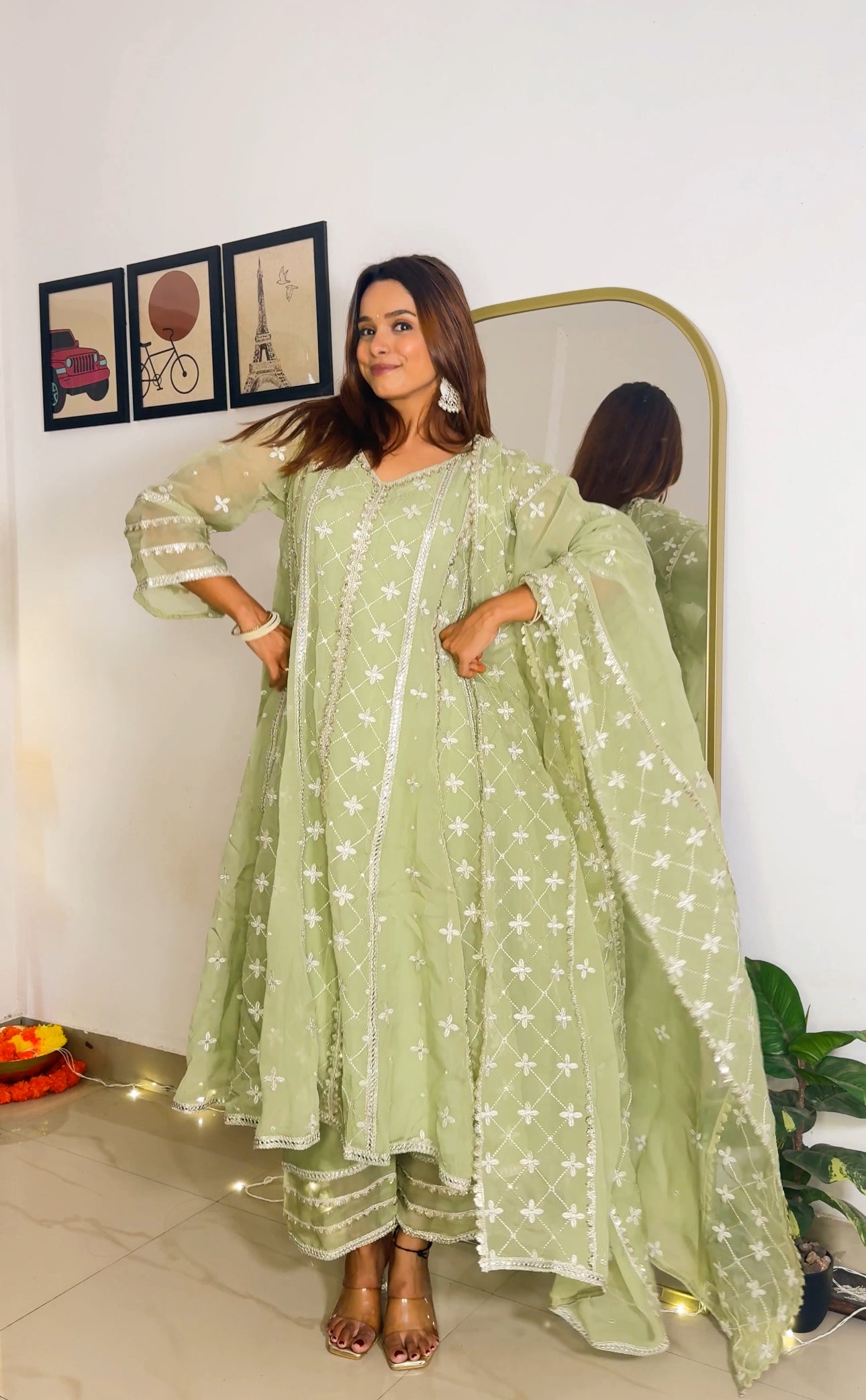 Hema Pandey in Chamak - Green Organza Anarkali Set.