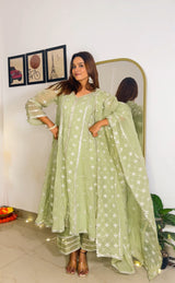 Hema Pandey in Chamak - Green Organza Anarkali Set.