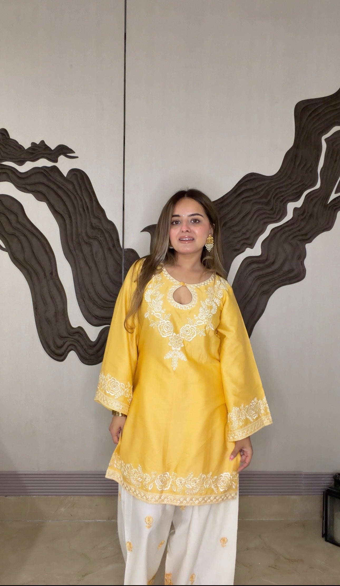 Meera Sachdeva in SORA - Yellow Embroidered Cotton Co-ord Set.