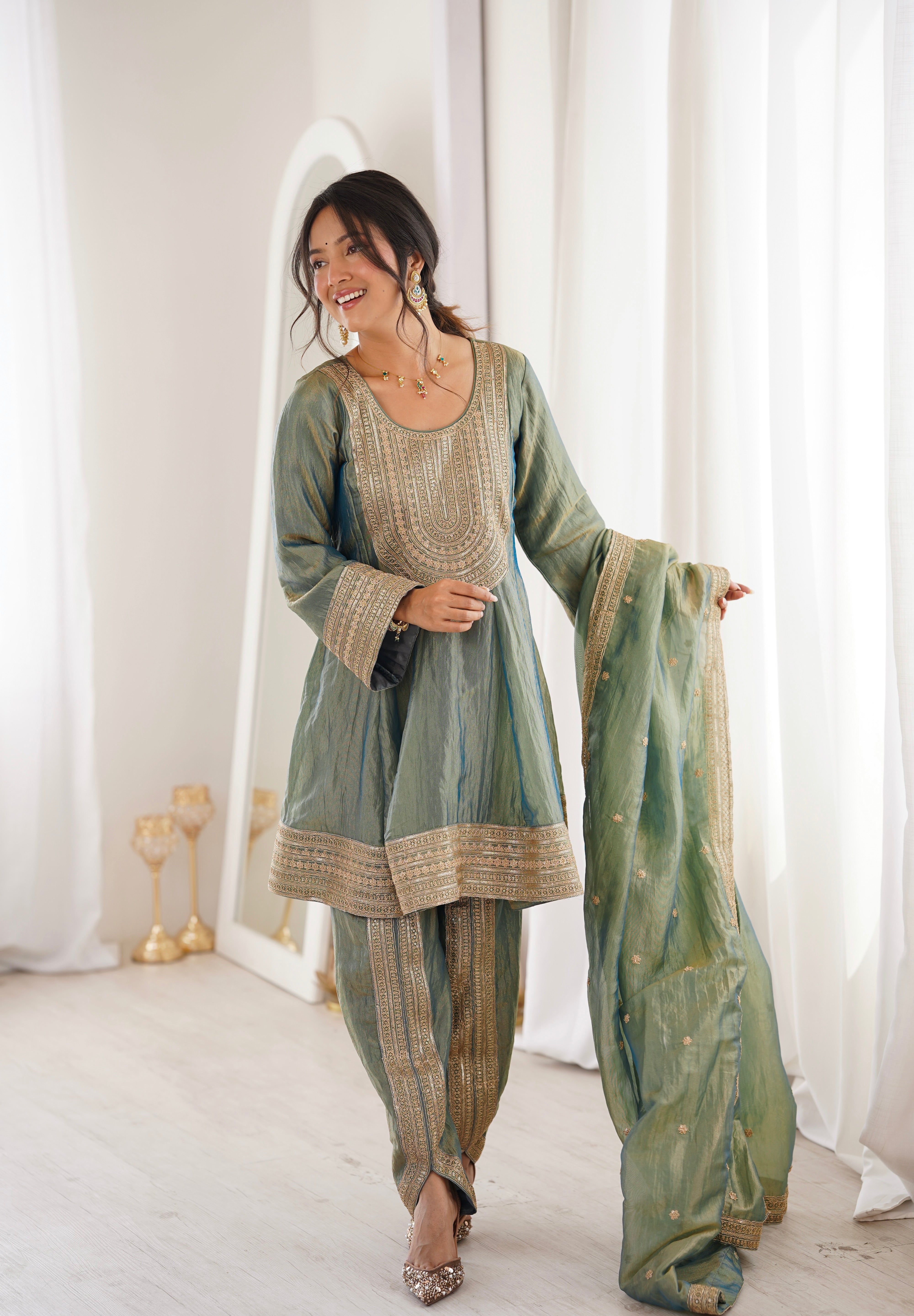 Arti Chauhan in ZIA - Sage Blue Tissue-Organza Anarkali Set.