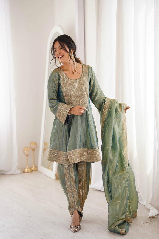 Arti Chauhan in ZIA - Sage Blue Tissue-Organza Anarkali Set.