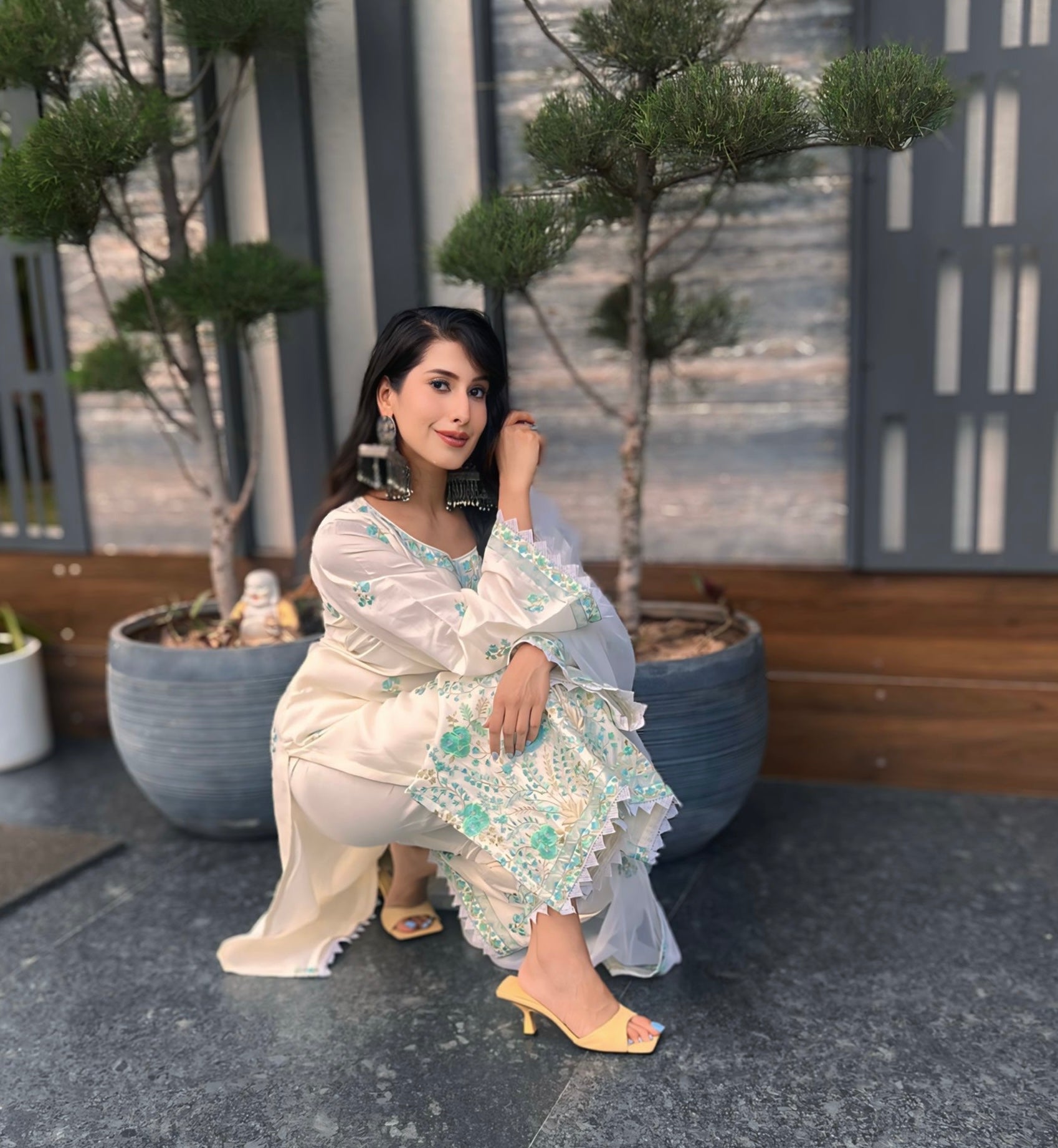 Pallavi Goel in Asoniya - Ivory White Chanderi Embroidered Suit Set.