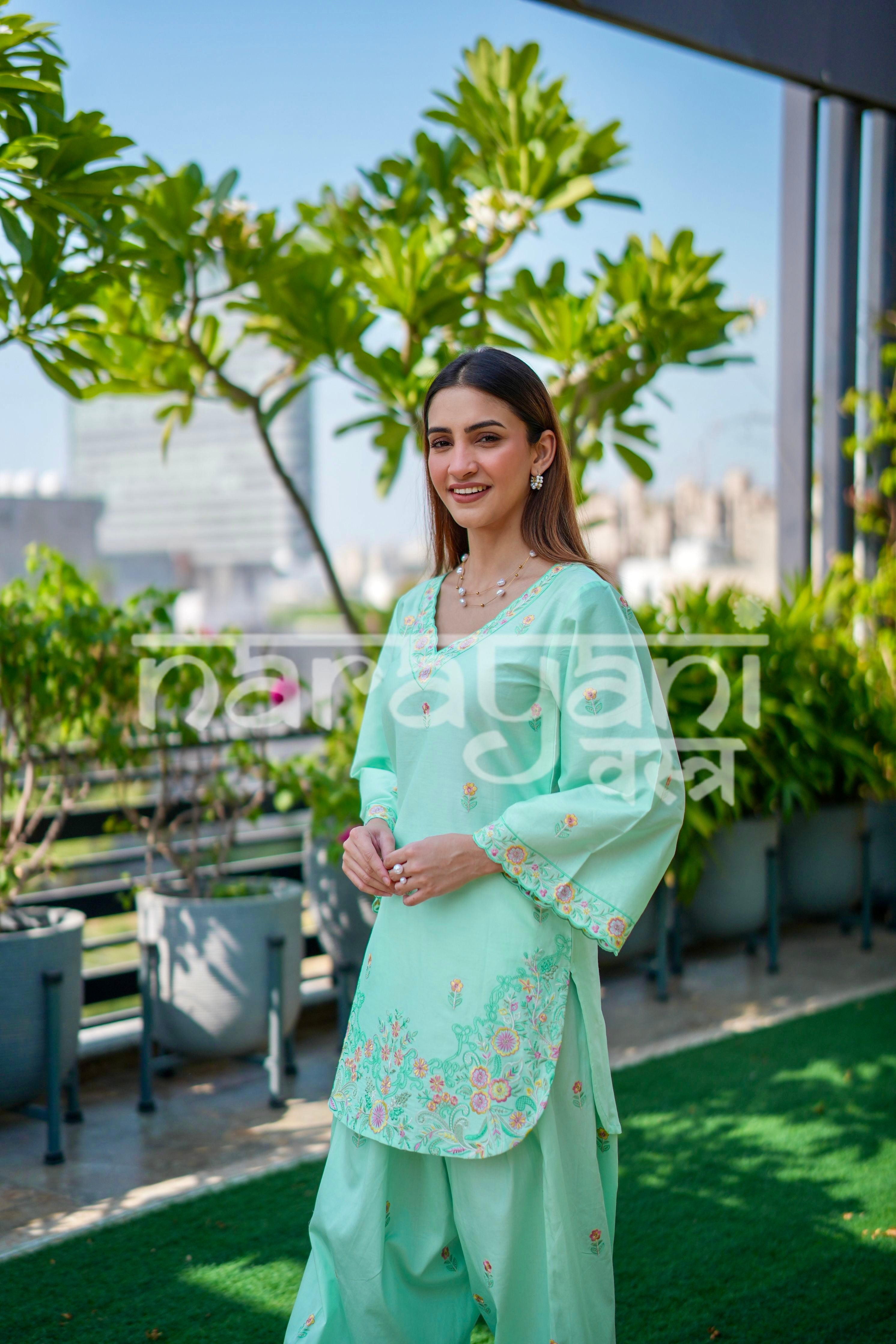 EIRA - Sea Green Embroidered Cotton Co-ord Set