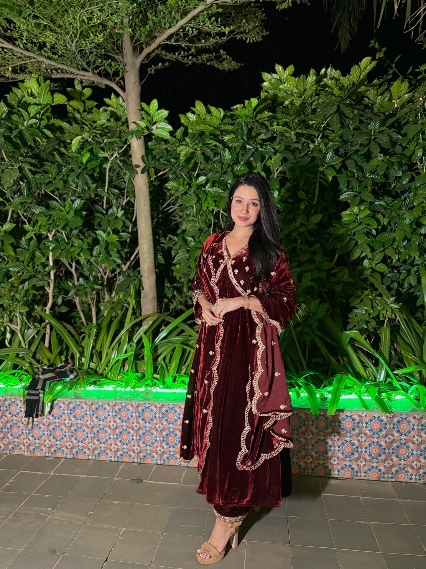 Shefali Bagga in ANTARA - Velvet Maroon Anarkali Set