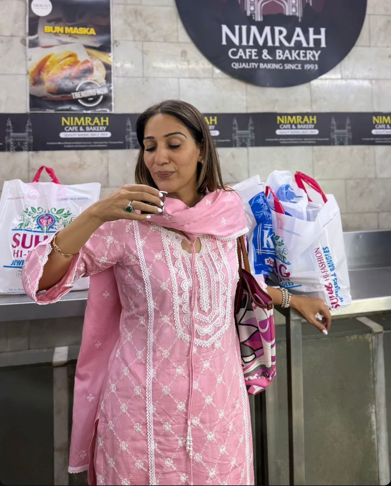 Harpreet Suri (@momwearsprada) in AMBER - Pink Cotton Suit Set