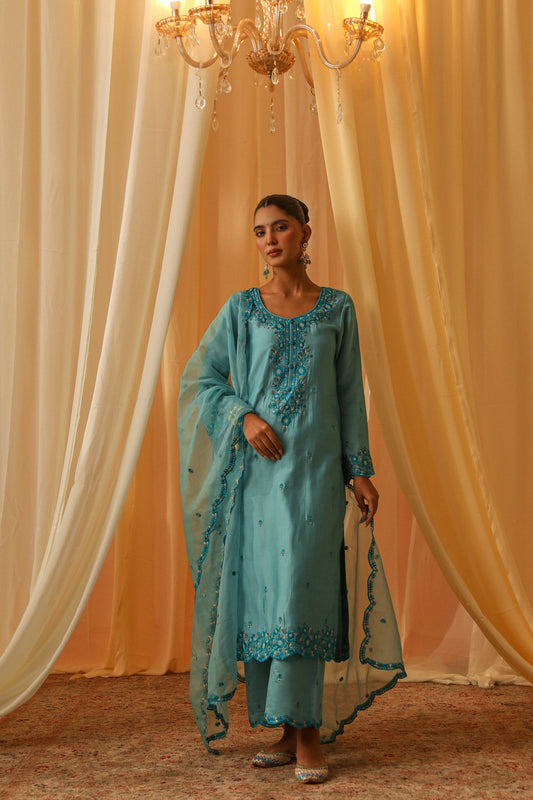 ZIYA -  Blue Chanderi Suit Set