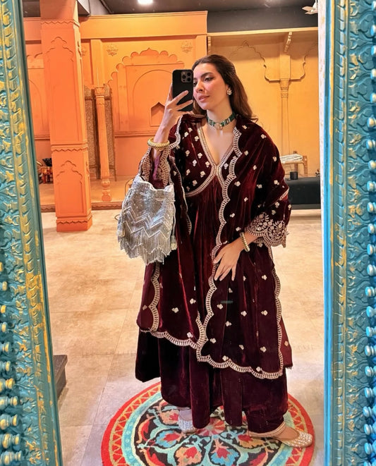 Niki Mehra (@nikimehra) ANTARA - Velvet Maroon Anarkali Set