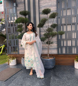 Pallavi Goel in Asoniya - Ivory White Chanderi Embroidered Suit Set.