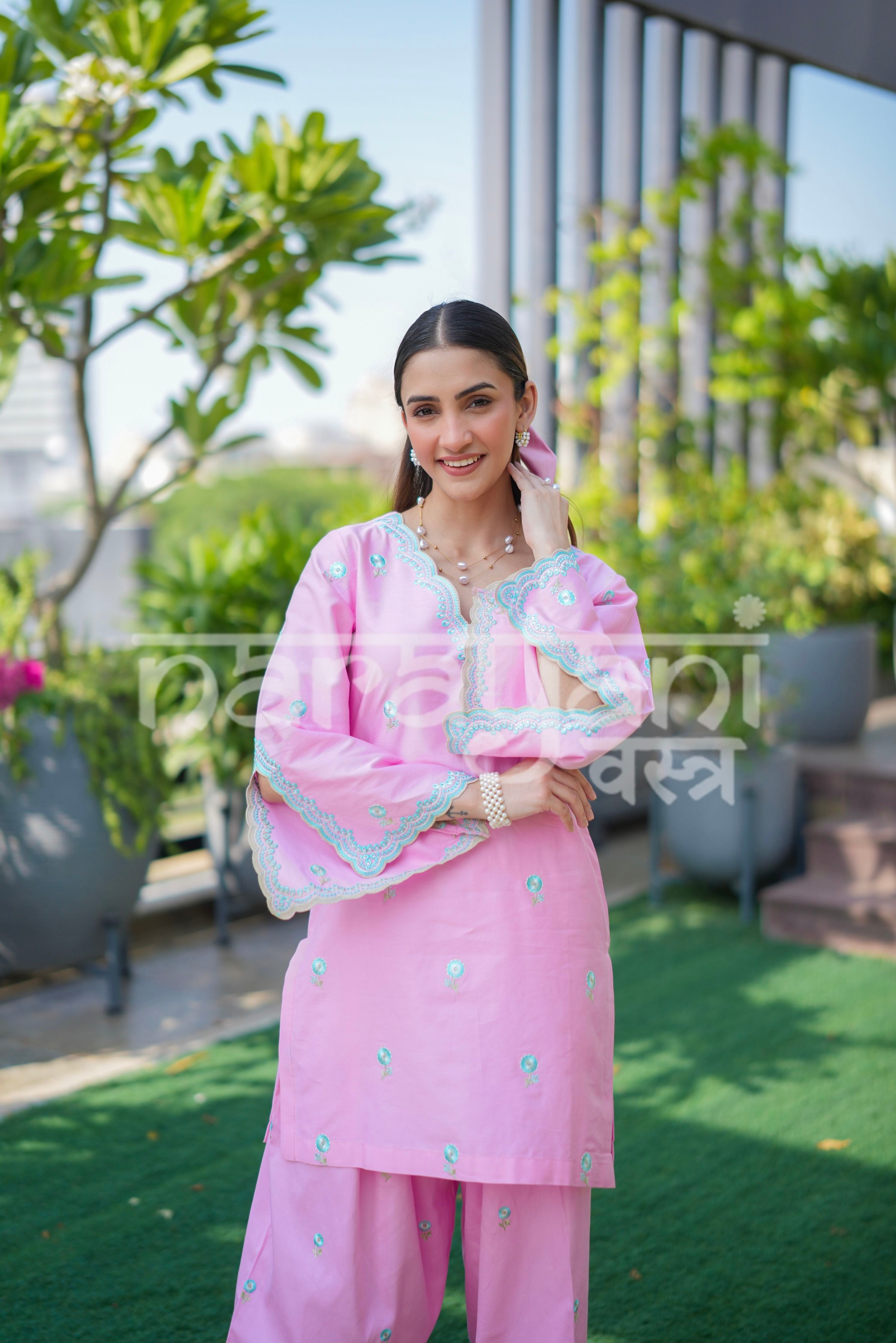 AVEN - Pink Embroidered Cotton Co-ord Set.