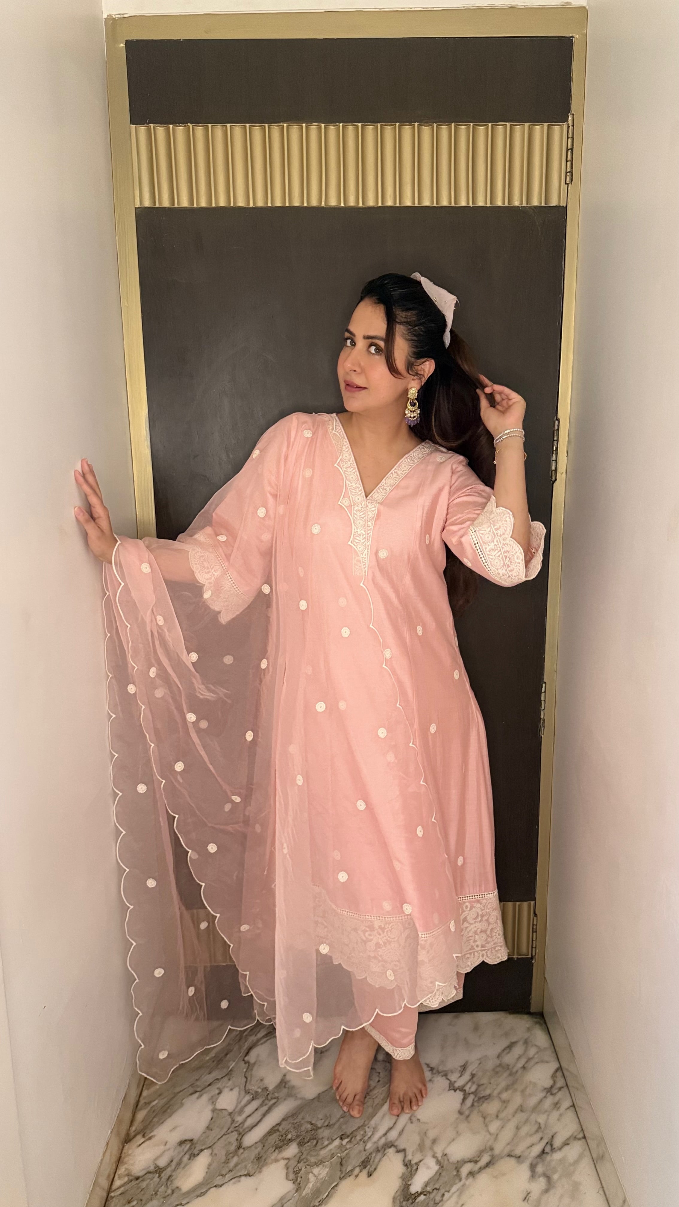 Malvika Raj Bagga in AAROHI - Blush Pink Chanderi A-line Suit Set