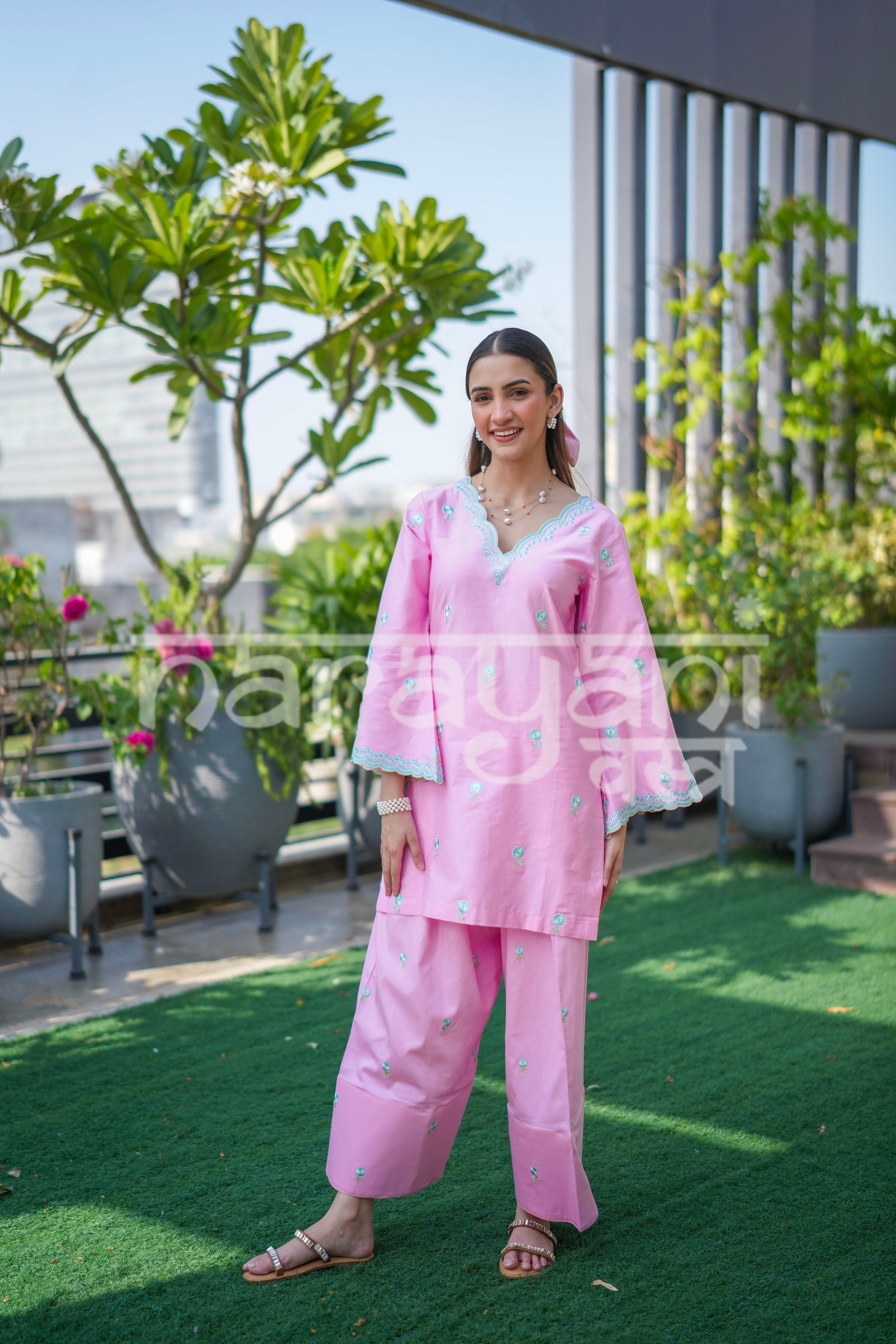 AVEN - Pink Embroidered Cotton Co-ord Set.