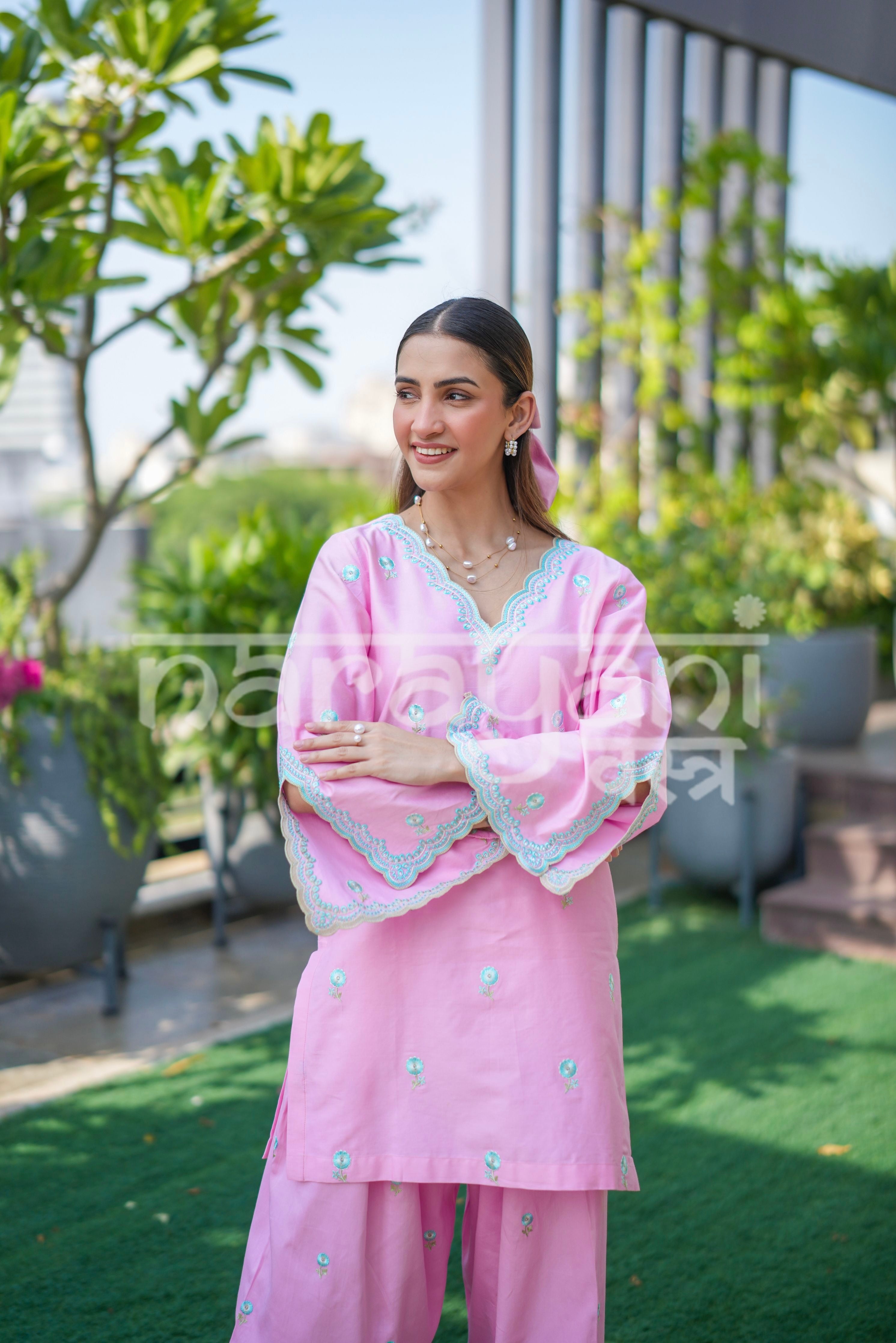 AVEN - Pink Embroidered Cotton Co-ord Set.