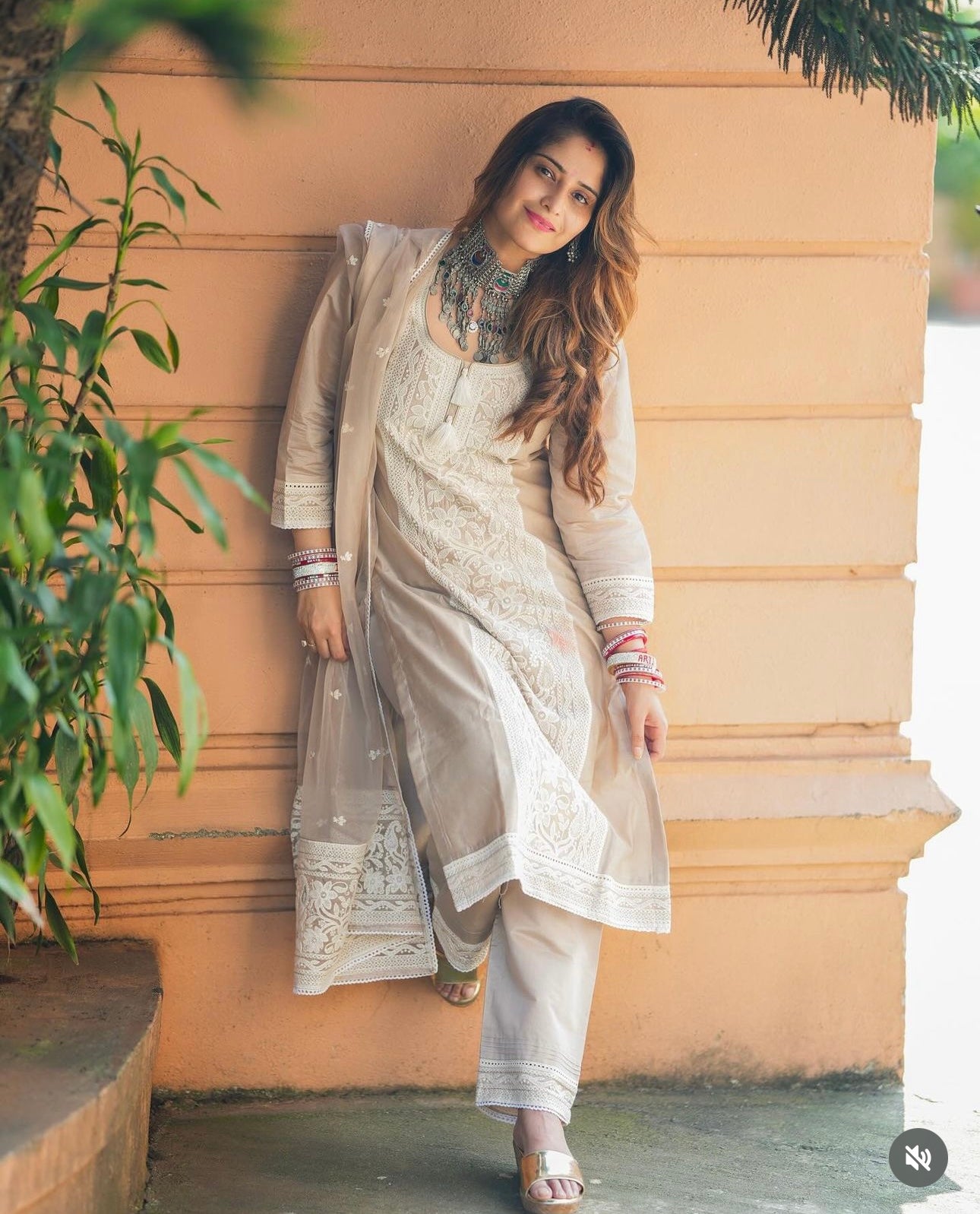 Arti Singh in Hazel Beige Chanderi Suit Set