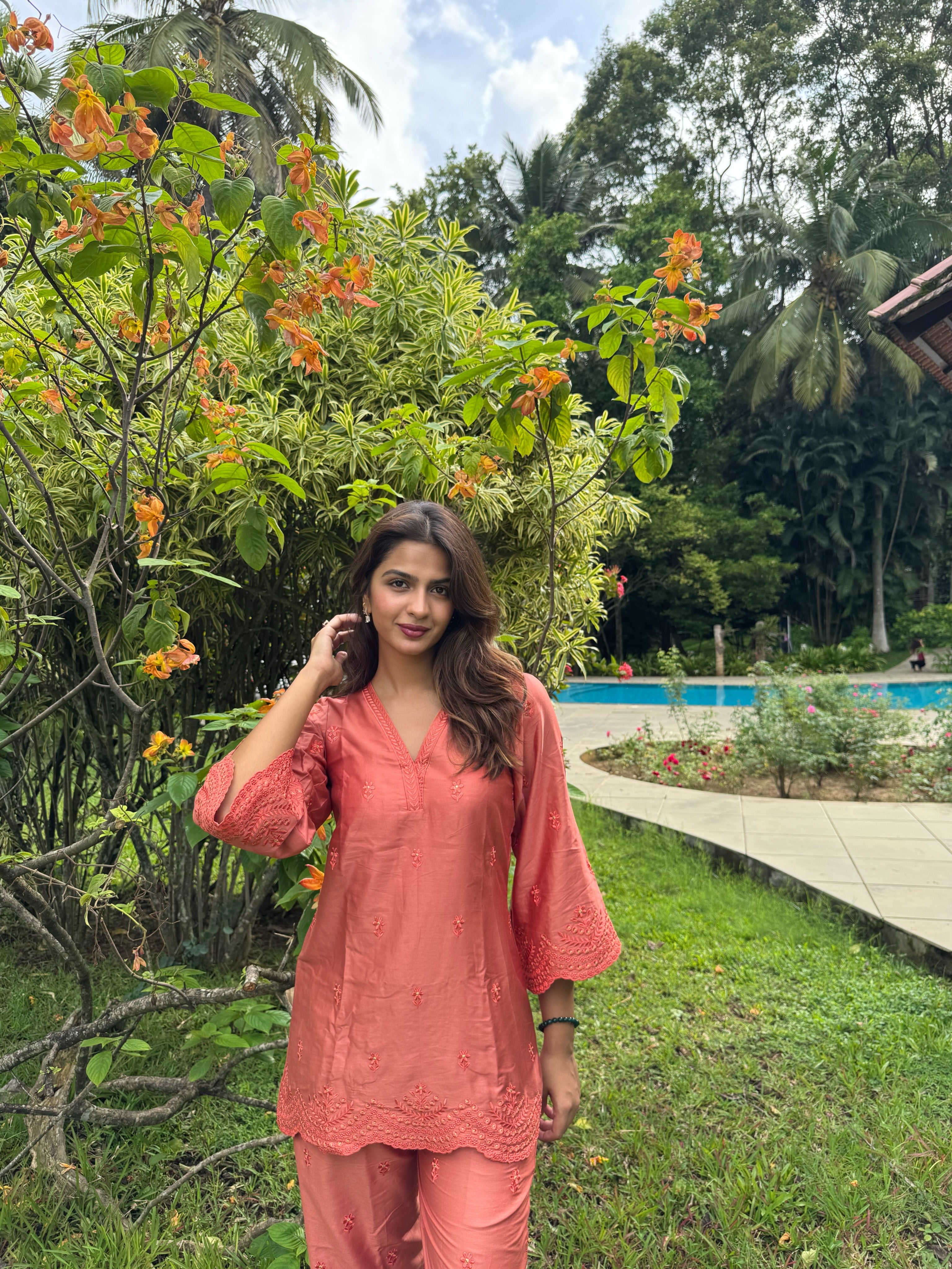 Shruti Chauuhan in ZORA - Rust Embroidered Co-ord Set
