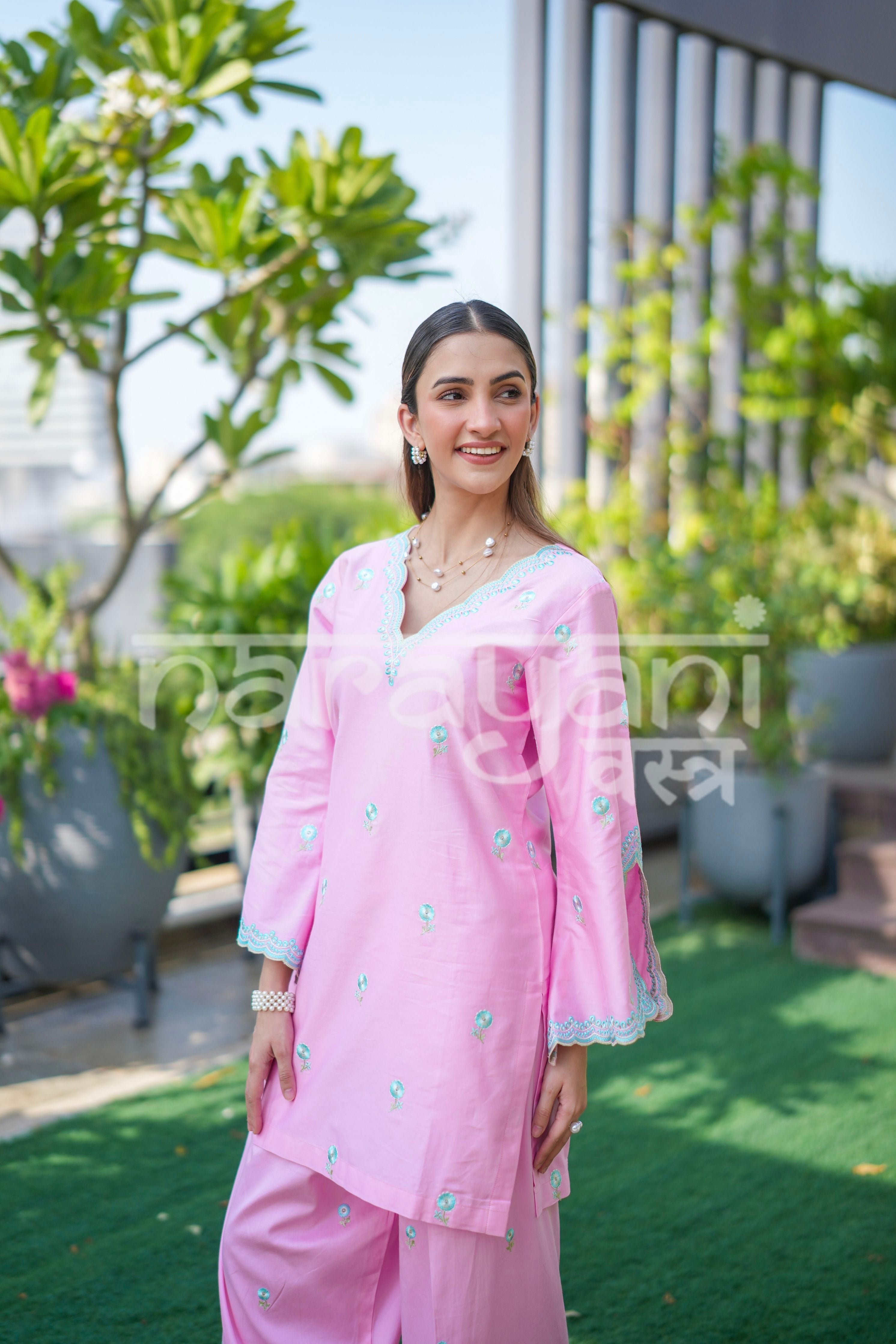 AVEN - Pink Embroidered Cotton Co-ord Set.