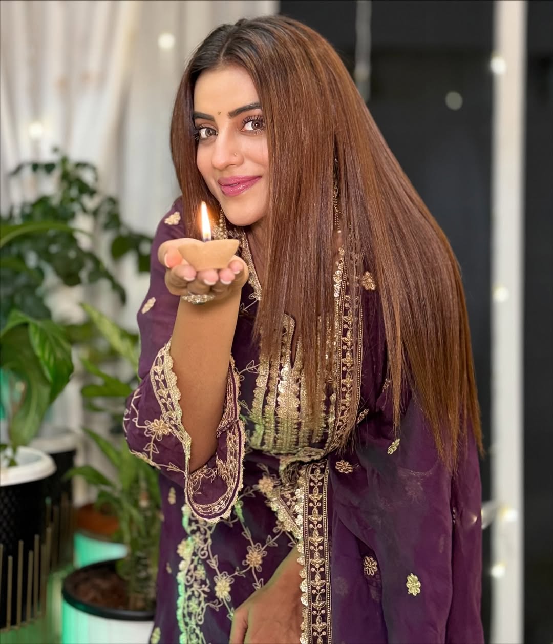 Akshara Singh in IRA - Purple Organza A-line Suit Set