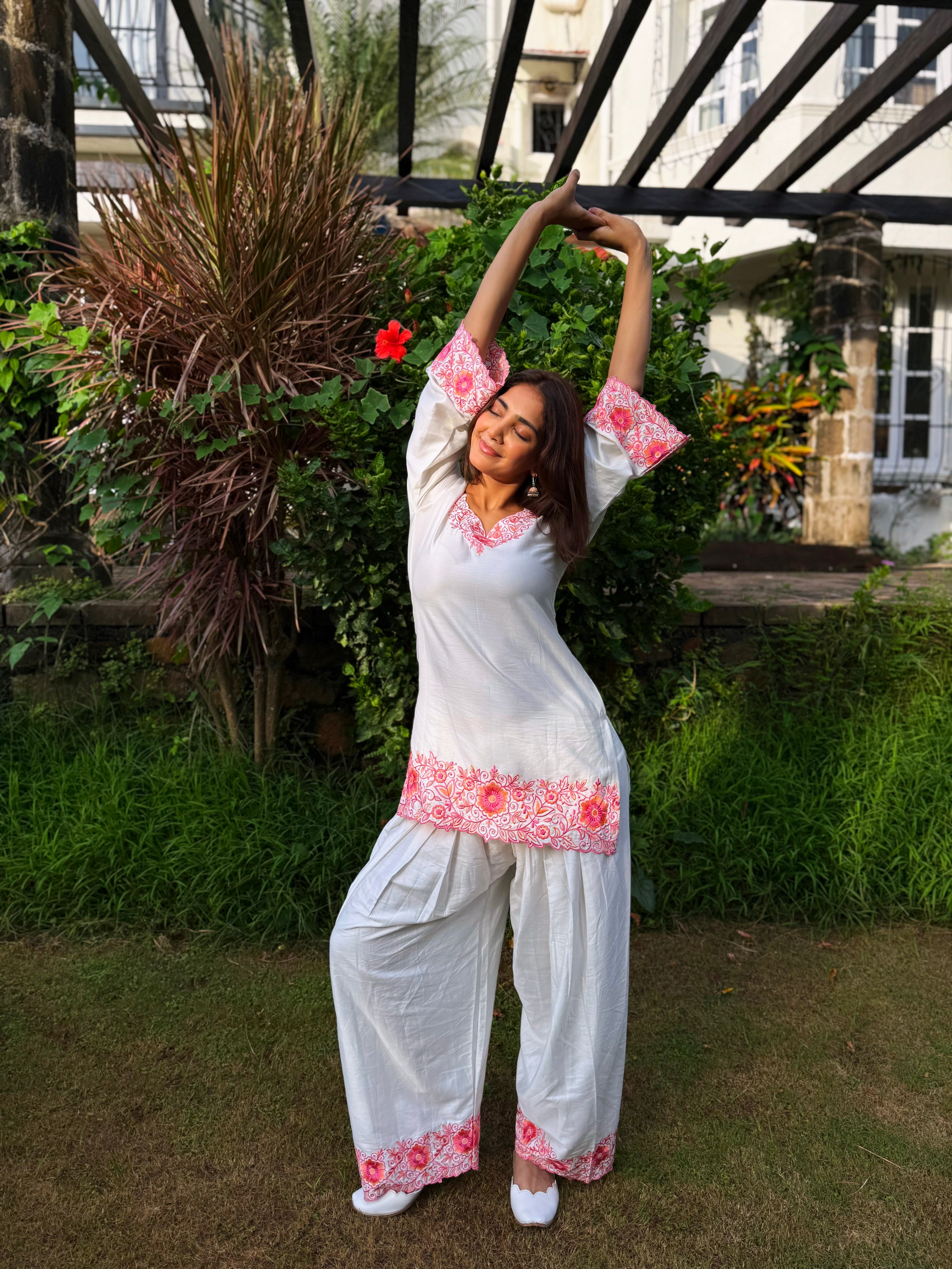 Yogita Bihani in SCARLET -  White Embroidered Co-ord Set
