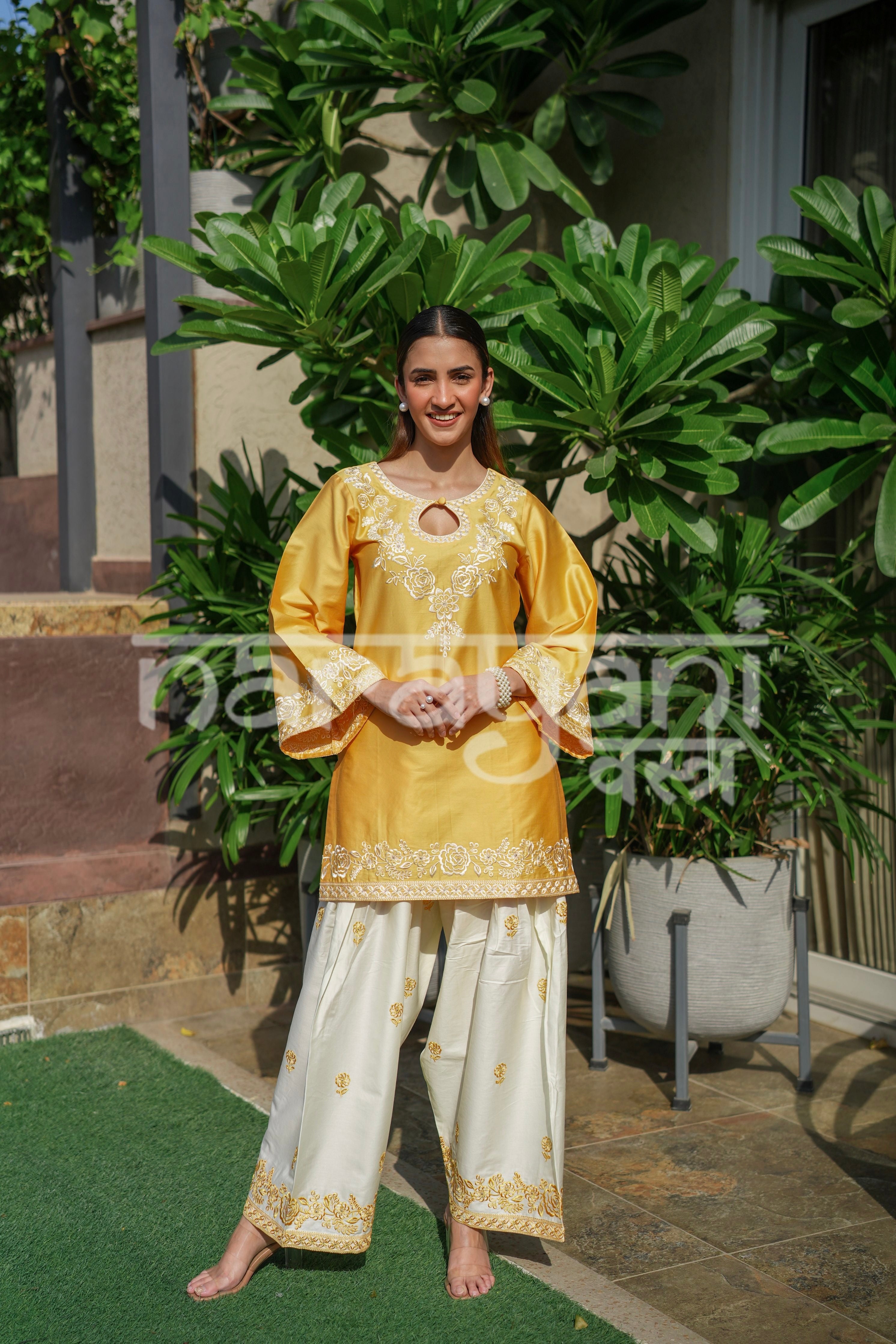 SORA - Yellow Embroidered Cotton Co-ord Set.