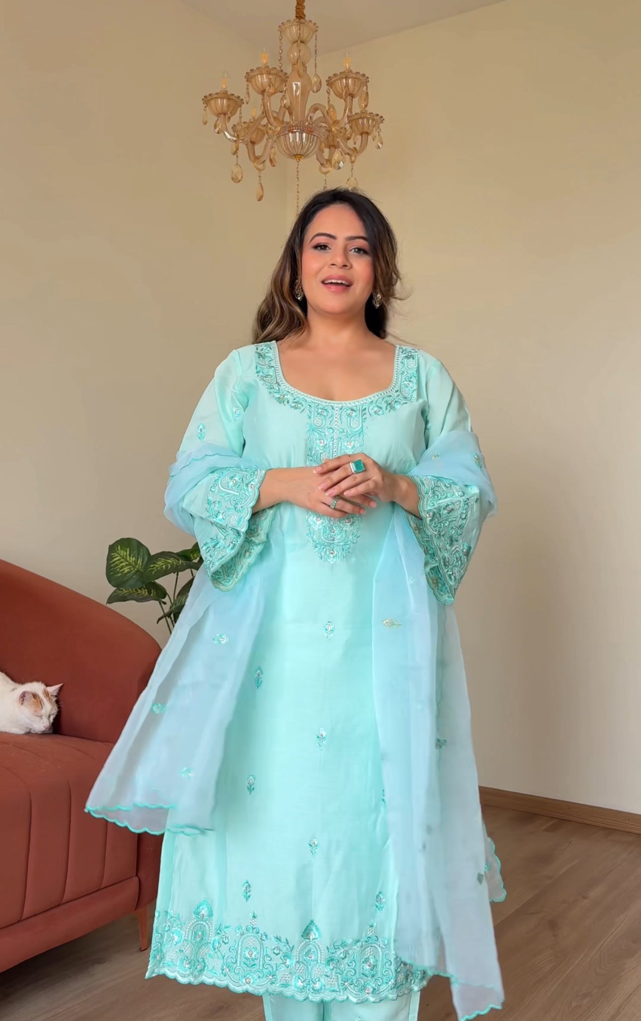 POOJA (@thefashionchauvinst) in ROSHINI - Sea Green Chanderi Suit Set