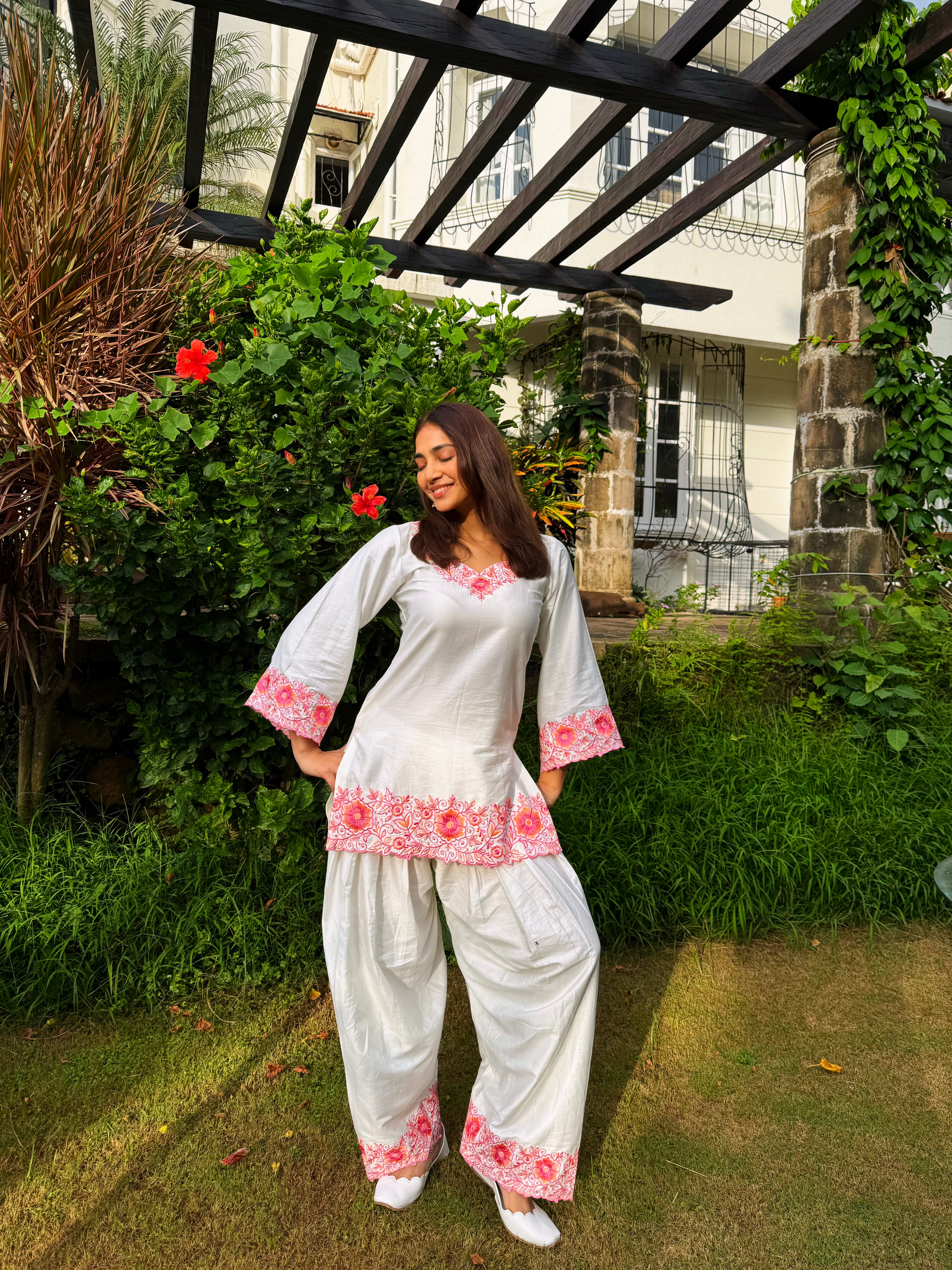 Yogita Bihani in SCARLET -  White Embroidered Co-ord Set