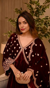 Aswathi Balakrishnan in ANTARA - Velvet Maroon Anarkali Set