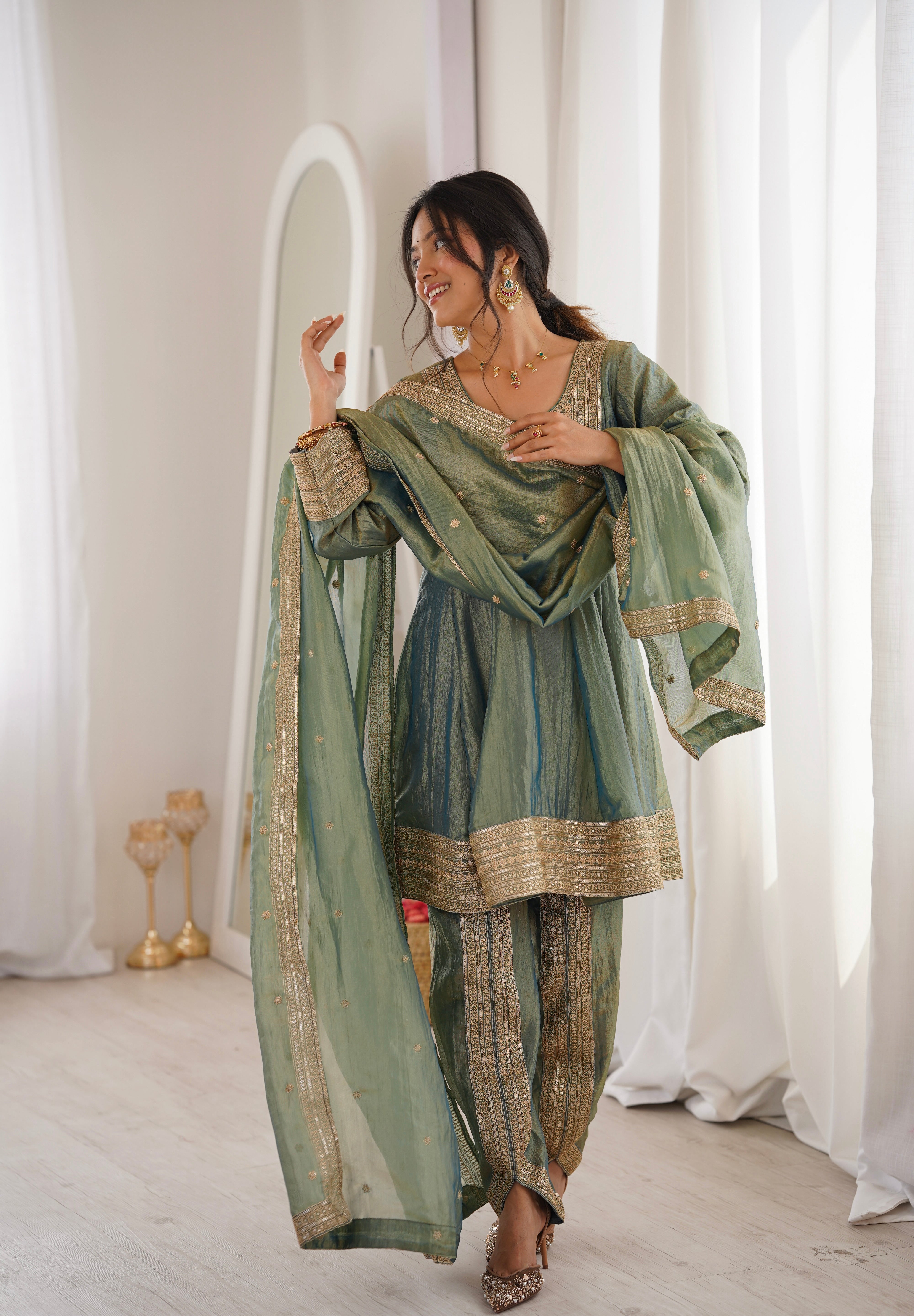 Arti Chauhan in ZIA - Sage Blue Tissue-Organza Anarkali Set.
