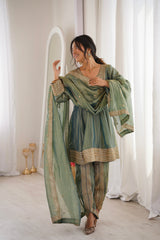 Arti Chauhan in ZIA - Sage Blue Tissue-Organza Anarkali Set.