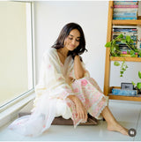 Surbhi Jyoti in Gul-Khera - Ivory White Chanderi Embroidered Suit Set.