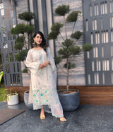 Pallavi Goel in Asoniya - Ivory White Chanderi Embroidered Suit Set.