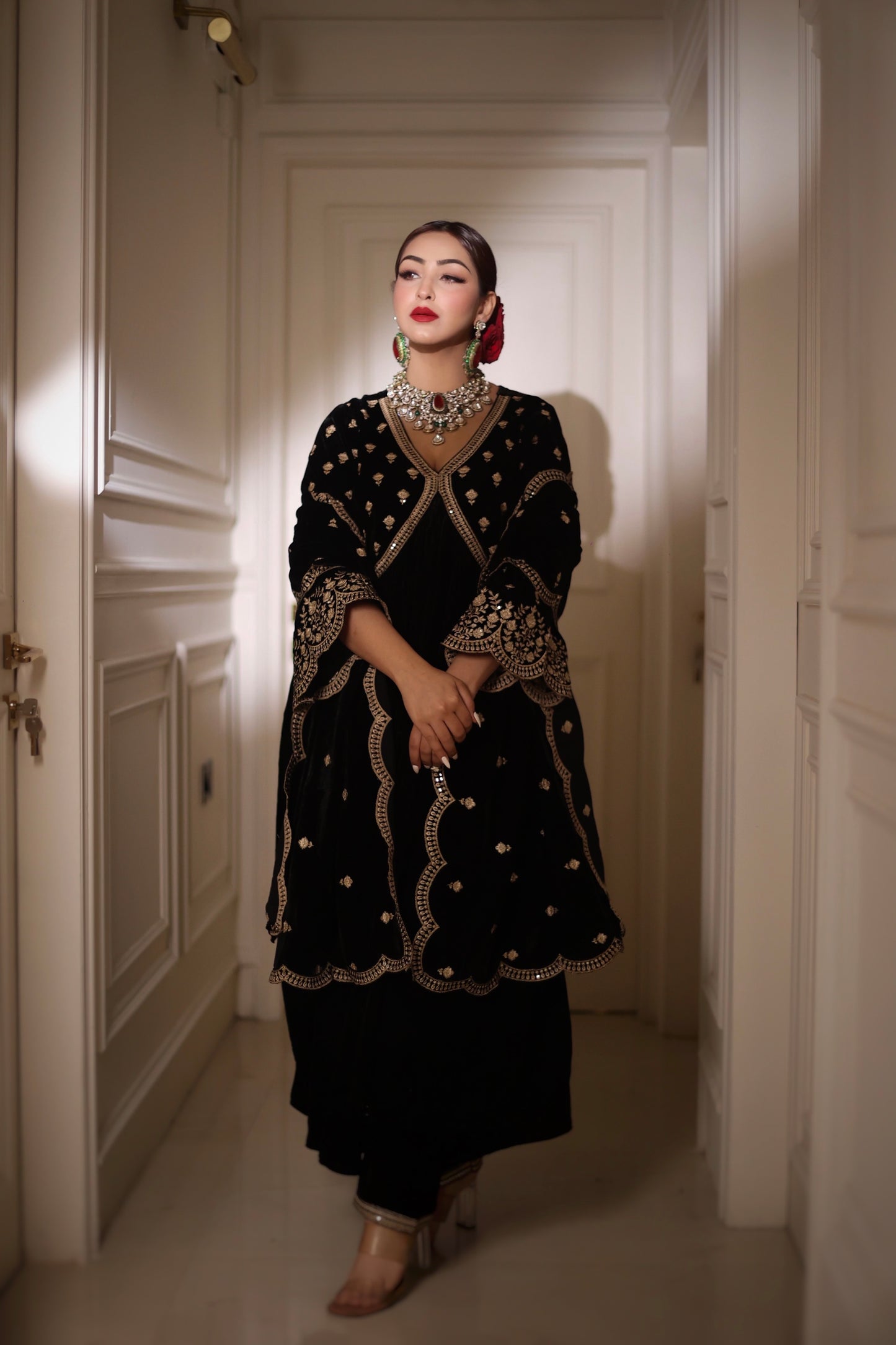 Anmol Bhatia in MUKHDA - Velvet Black Anarkali Set