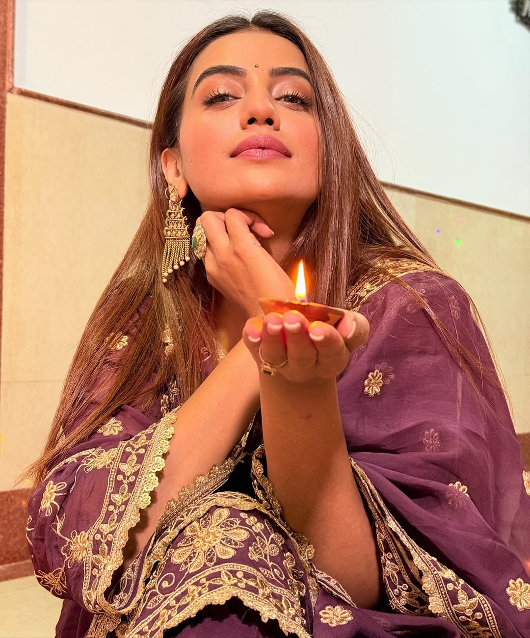 Akshara Singh in IRA - Purple Organza A-line Suit Set