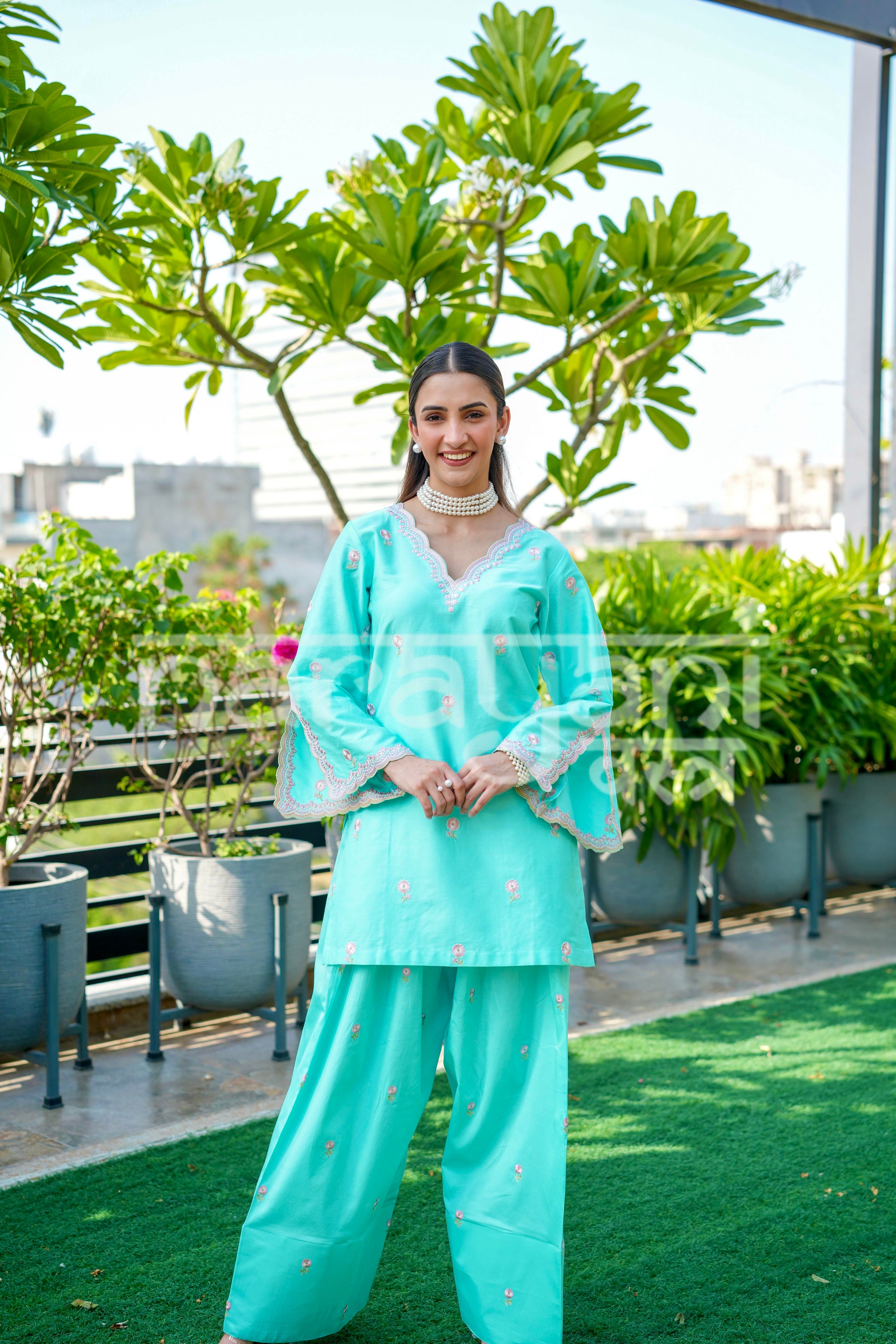 ZYRA - Blue Embroidered Cotton Co-ord Set.