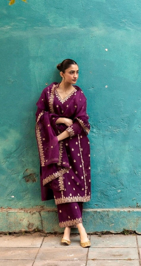 Shreya Lakhani in Khushnir - Wine Chanderi Embroidered Suit Set