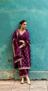 Shreya Lakhani in Khushnir - Wine Chanderi Embroidered Suit Set