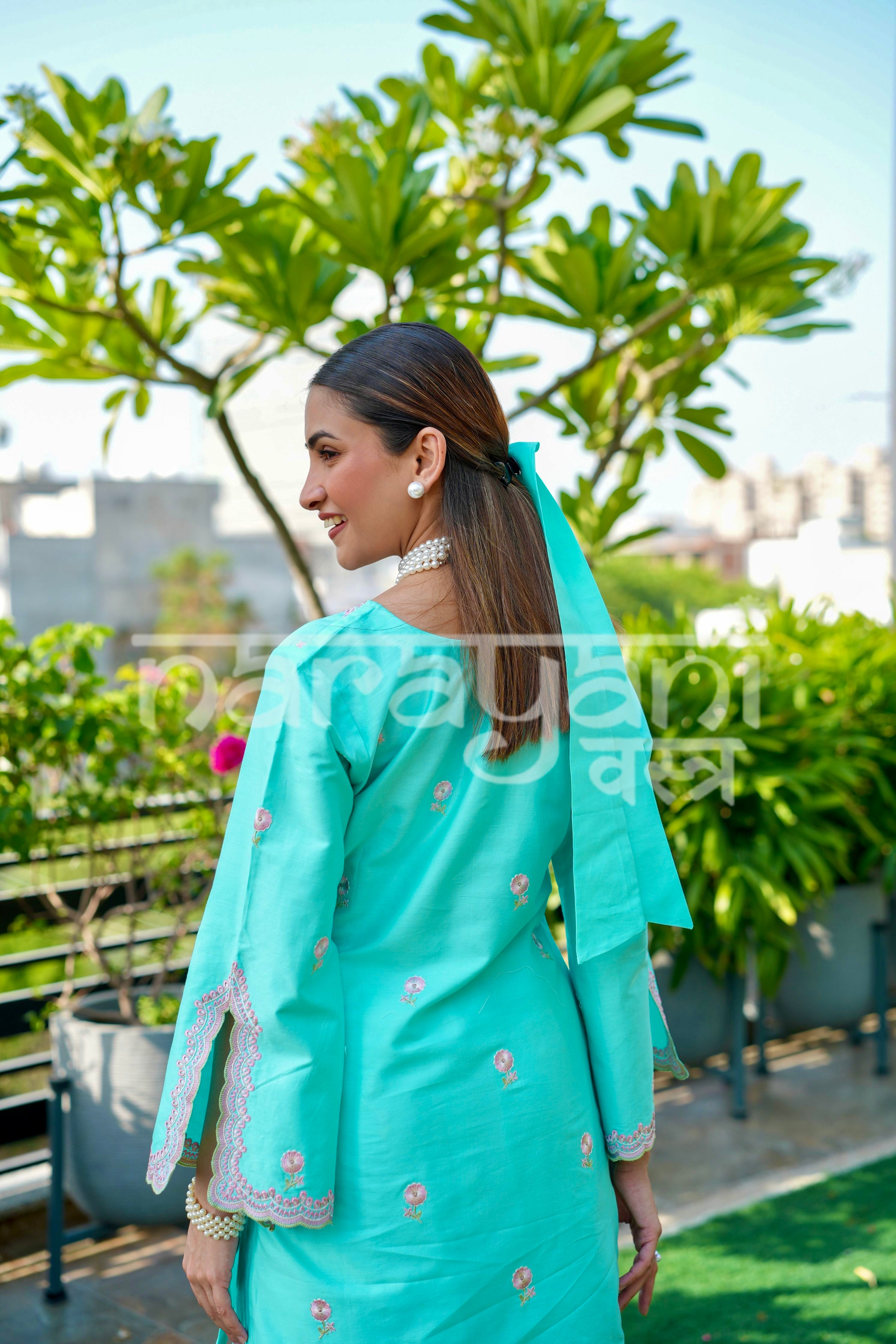 ZYRA - Blue Embroidered Cotton Co-ord Set.