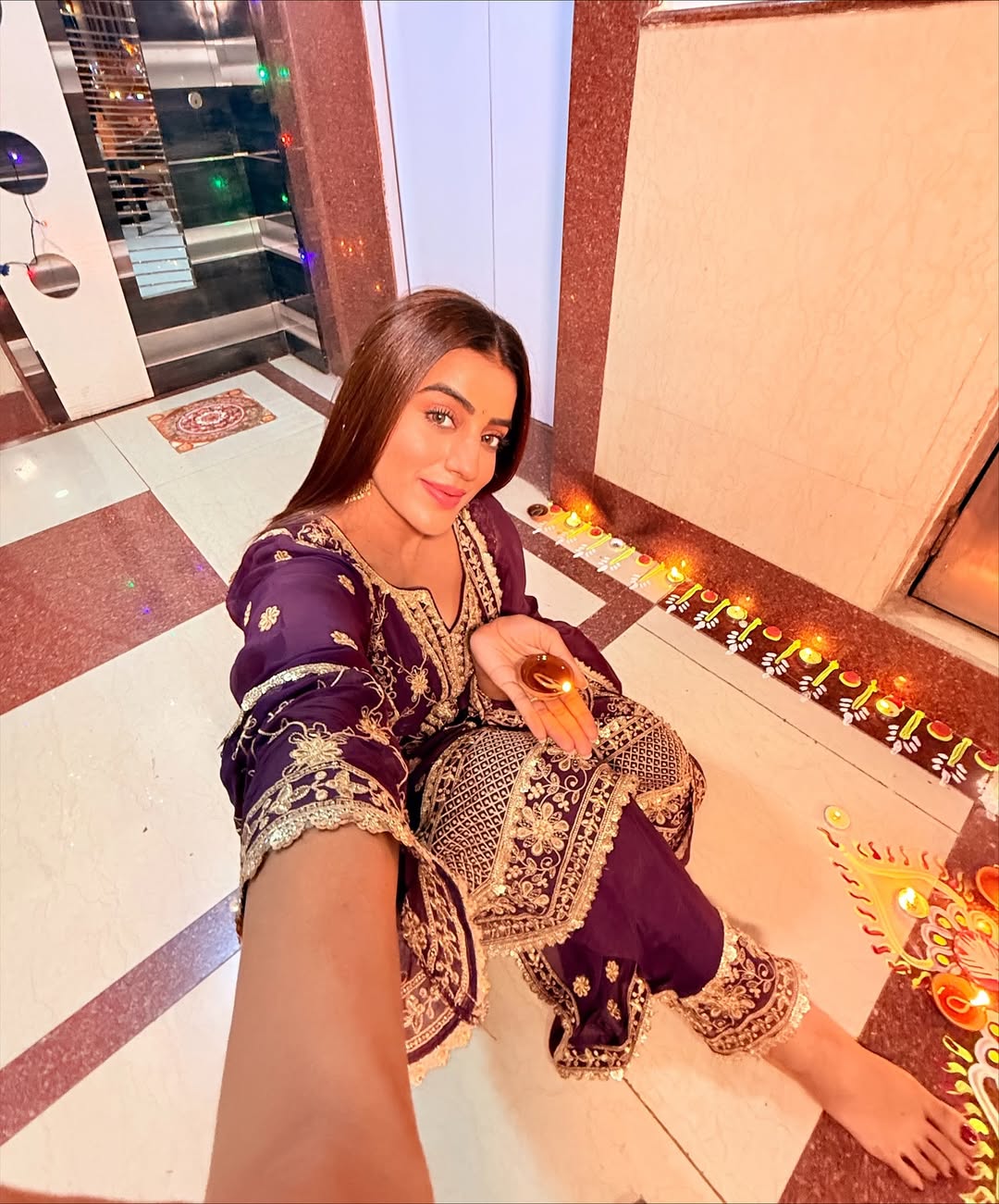 Akshara Singh in IRA - Purple Organza A-line Suit Set